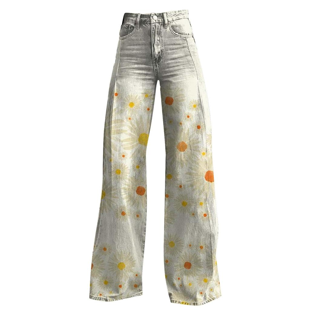Wide Leg Flare Jeans for Women with Pockets Baggy Pants Vintage Floral Print High Waisted Loose Pant