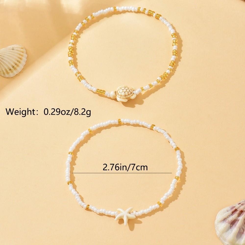 2Pcs Starfish Beaded Beaded Anklets Chain Set Bohemian Style Foot Bracelets  Jewelry Accessories