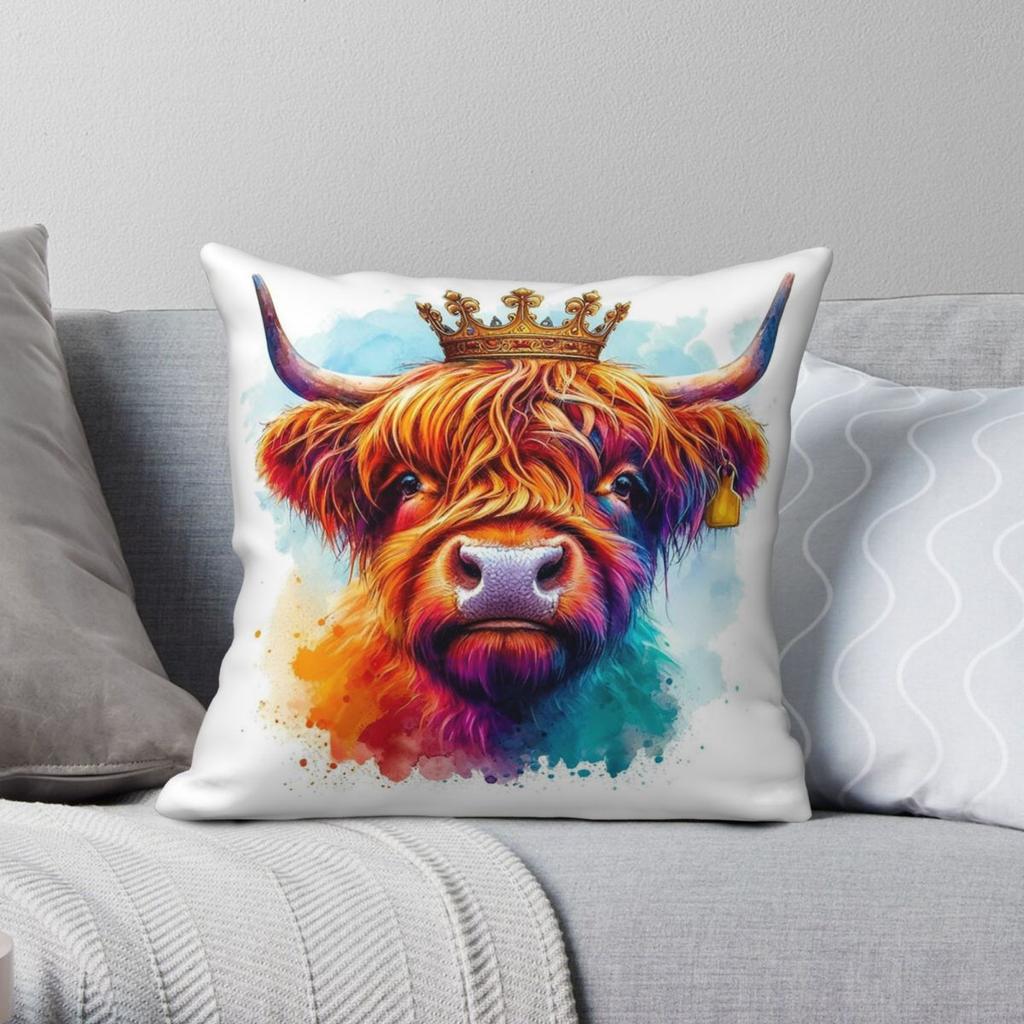 Scottish Highland Cow Wearing Crown Square Pillowcase Polyester Linen Velvet Printed Zip Decorative Car Cushion Cover