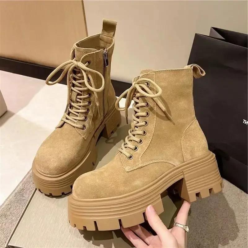 Women's Boots Retro Leather Designer Shoes for Women Luxury Short Boots Platform Non-slip Motorcycle Shoes Round Toe Ankle Boots