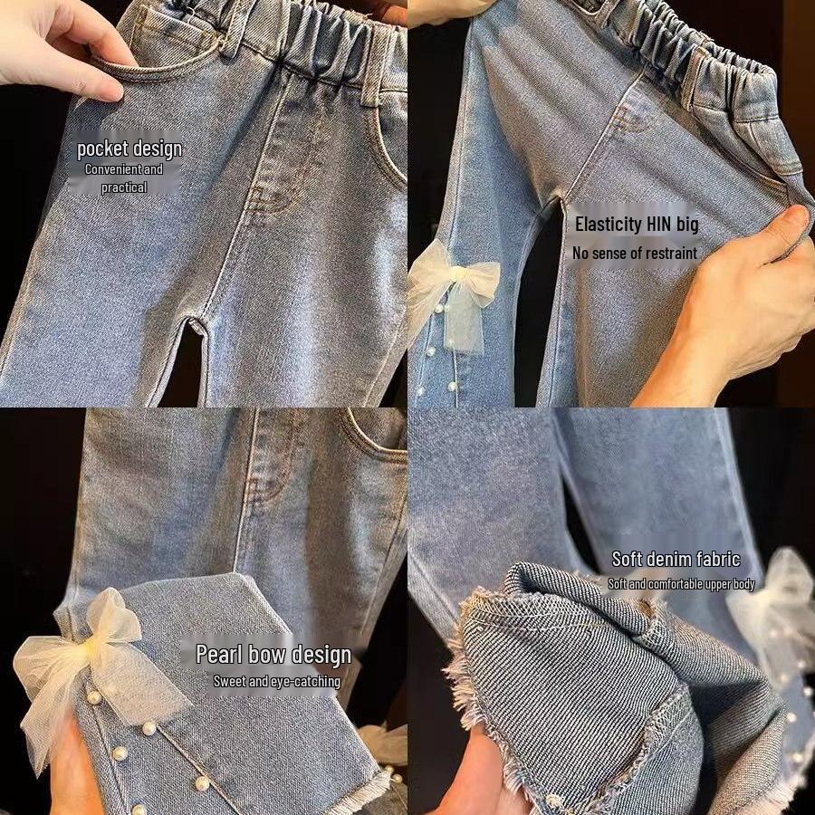 Modische Perlen-Schlagjeans für Mädchen 2025 - Elastische Frühjahrs-/Herbsthosen