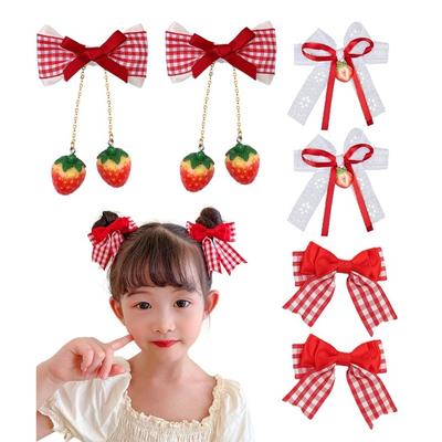3 Pairs Strawberry Bow Charm Hair Clips Red Plaid Hairpins Anti-slip Teeth