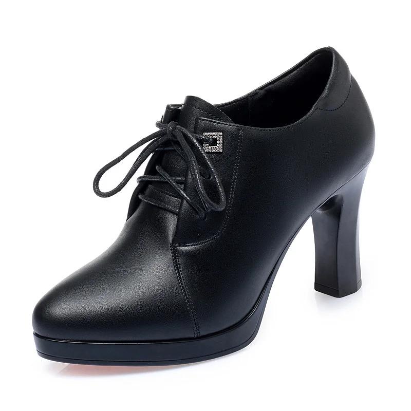 Fashion Women Thick Heel Fashion High Quality Short Ankle Soft Leather Boots Classic Brown Lace-up Spring Autumn High Heel Boots