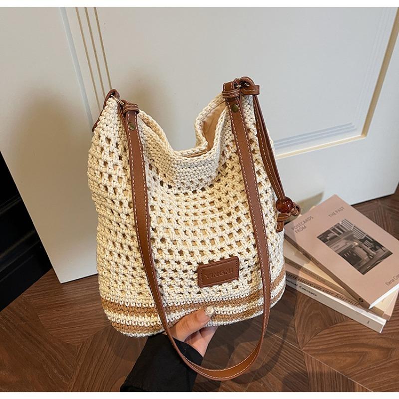 Grid-eye Hollowed-out Interwoven Knitted Large-capacity Shopping Bag with Shoulder Strap and Side Carry for Women