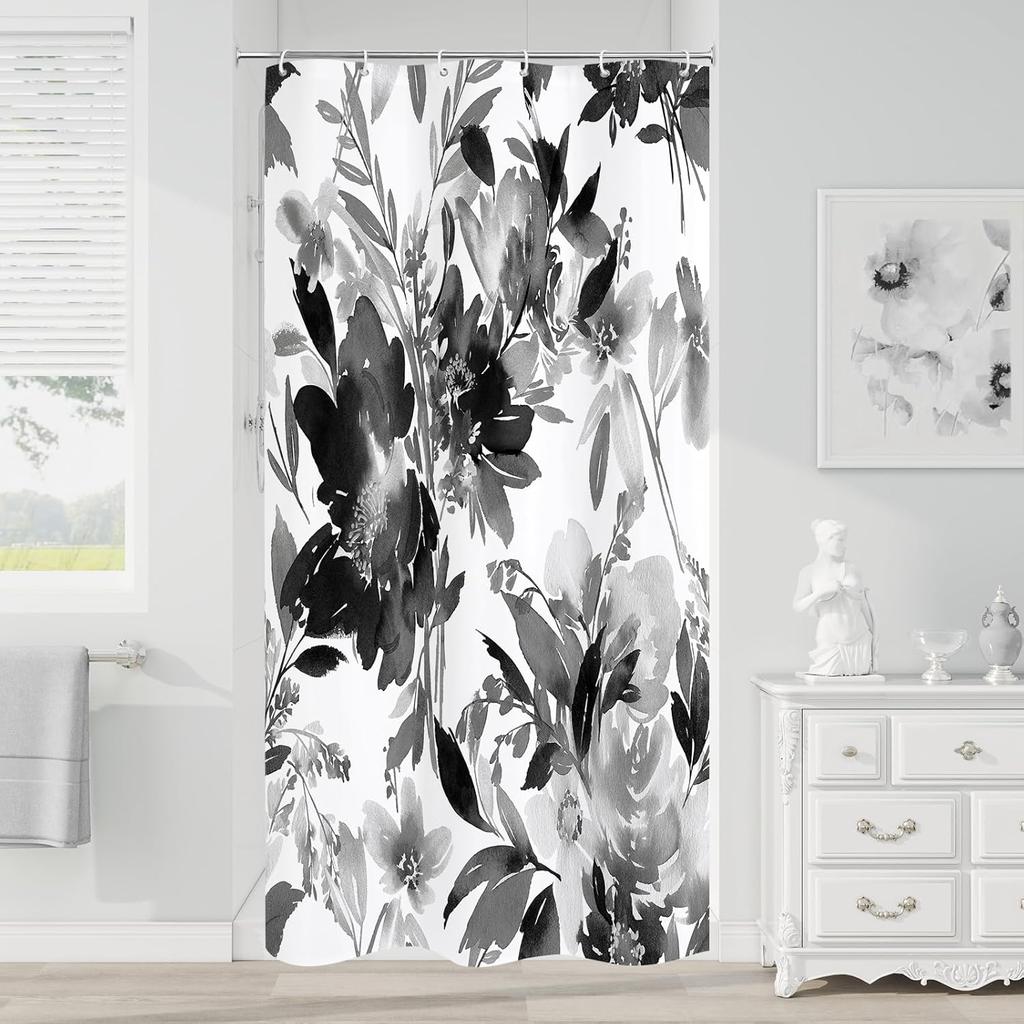 Blue Watercolor Floral Shower Curtain, Botanical Plant Leaves Design, Waterproof Fabric Set With Hooks