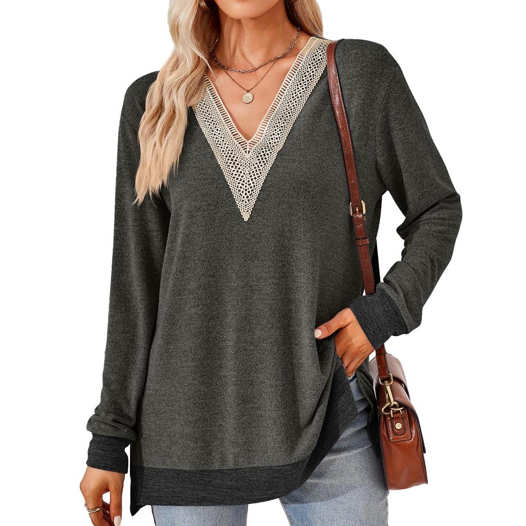 Herbst und Winter Damenbluse mit V-Ausschnitt, Spitze, einfarbig, lockere Langarm-Tops