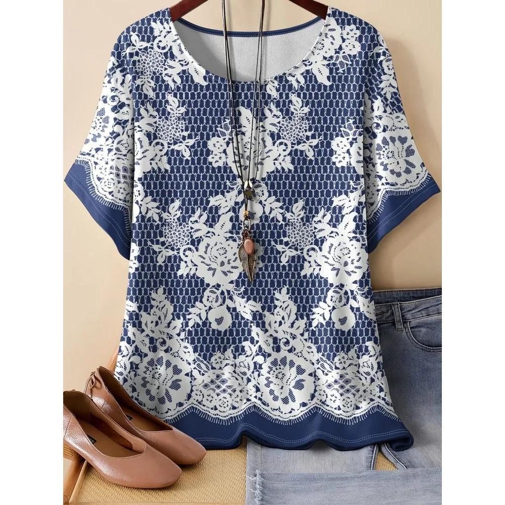 Casual Simple Flower Printed Top Women's Versatile Short Sleeve Daily Comfort T-Shirts Women’s