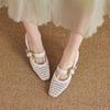 White High Heels Women's Summer Thick Heels Single Shoes Women's New Breathable Women's Shoes Woven Hollow Bag Head Sandals