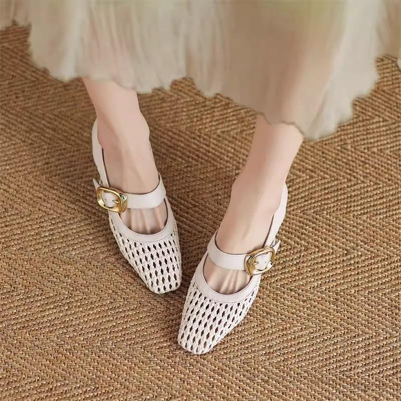 White High Heels Women's Summer Thick Heels Single Shoes Women's New Breathable Women's Shoes Woven Hollow Bag Head Sandals