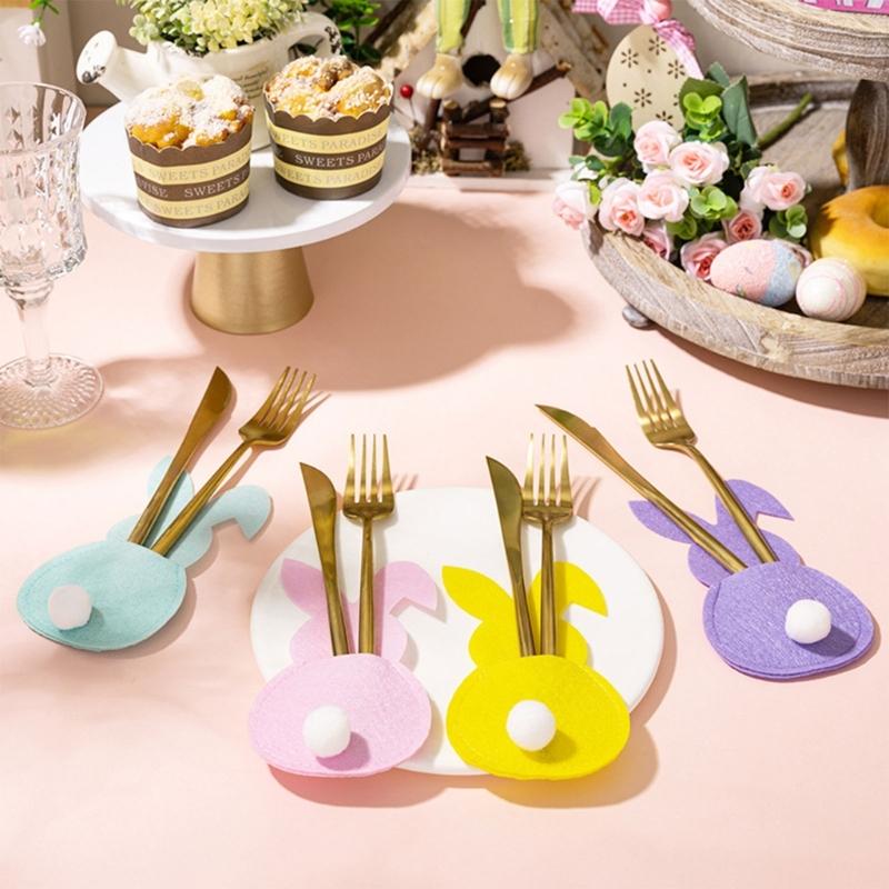 4 Pezzi Pratica Sacca Portaposate in Feltro a Forma di Coniglio Sacca Portaposate in Feltro con Coniglio di Pasqua Decorazioni Felici di Pasqua per Posate