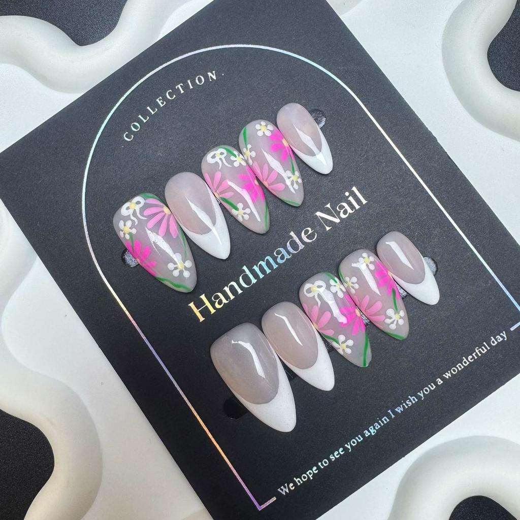 Customized Press-on Nails Hand-Painted Spring Blossoms Exclusively Unique Handmade Almond False Nails Western Style Designs with Brightening Effect