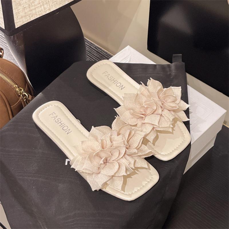 Casual Flat-bottomed Square-head Slippers Female Flower Lazy Person One Pedal Open-toe One-word Drag Beach Casual Women's Sandals
