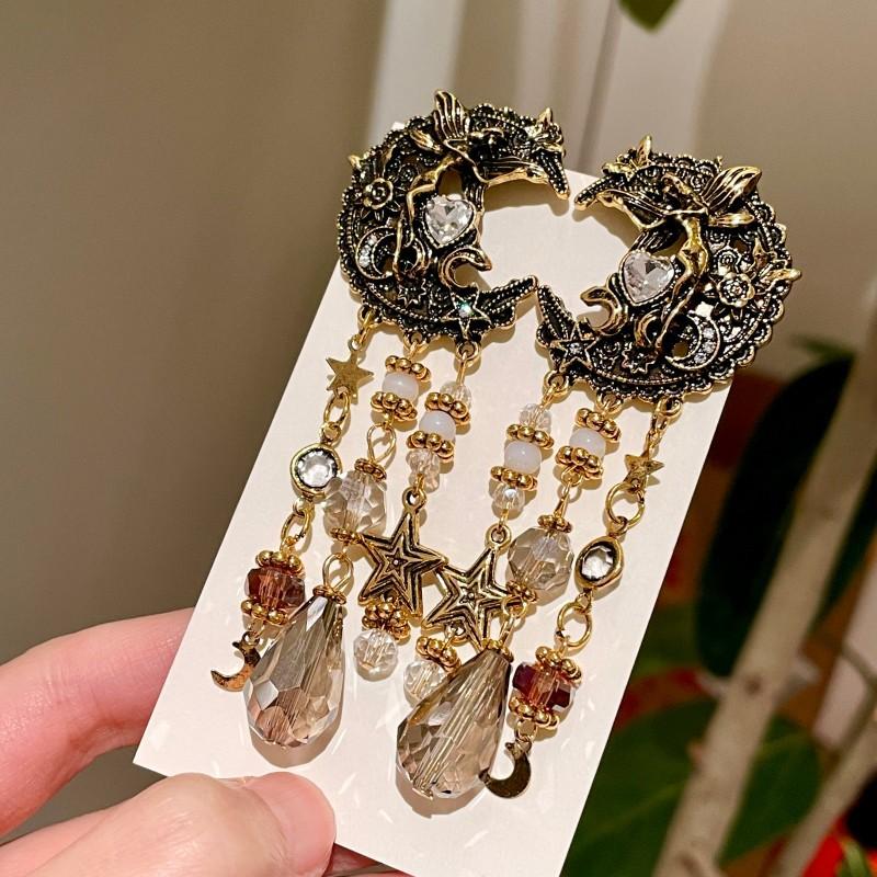 Medieval High-quality Heavy Industry Exquisite Gold Moon Angel Crystal Fringed Earrings Enamel Antique Style Earrings Earrings