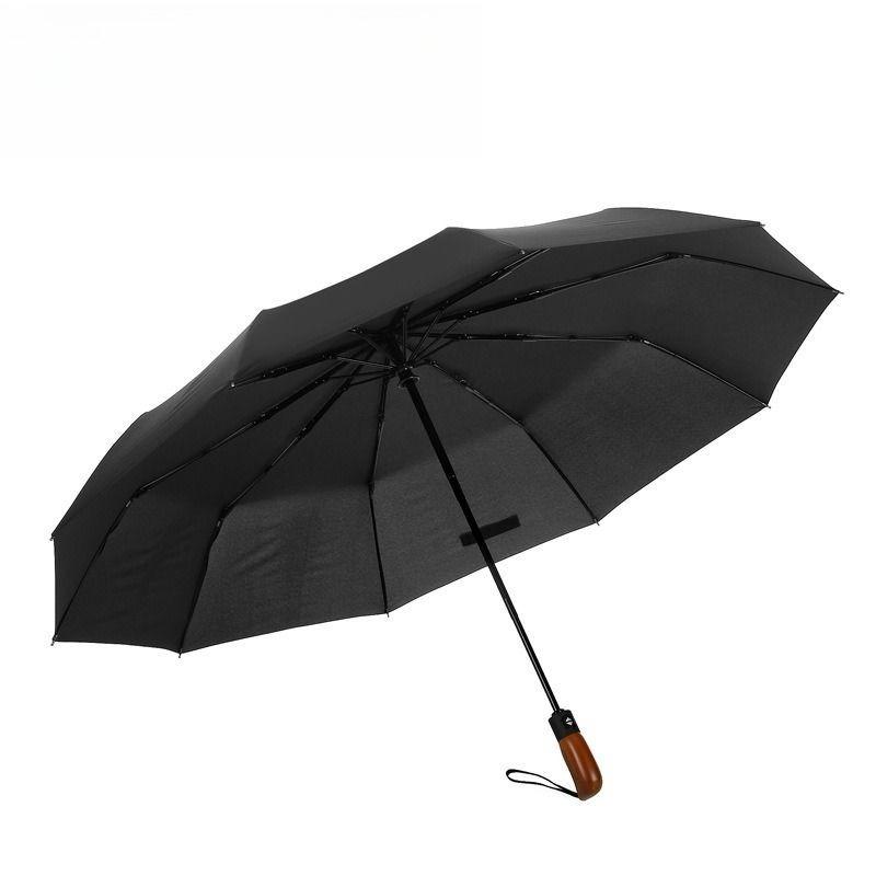 Fully Automatic Ten-rib Tri-fold Wooden Handle Umbrella Enlarged Windproof Rainproof Business Gift Advertising Umbrella