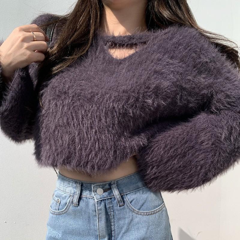 

GMXIA Мягкий свитер из искусственной норки, осень и зима, новый свободный свитер с V-образным вырезом от Design Sense, короткий вязаный свитер One size кофейный