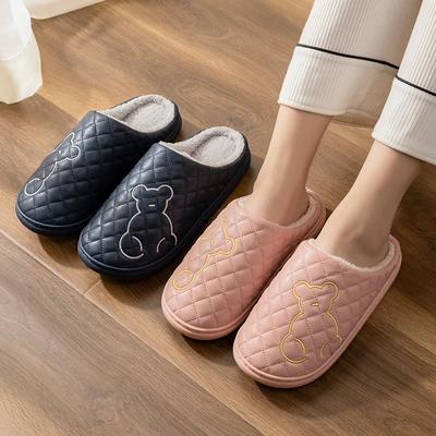 2024 Women and Men Winter Slippers Indoor PU Leather Waterproof Cotton Slippers Warm Home Fur Couple Non-slip Toe Wrap Slipper