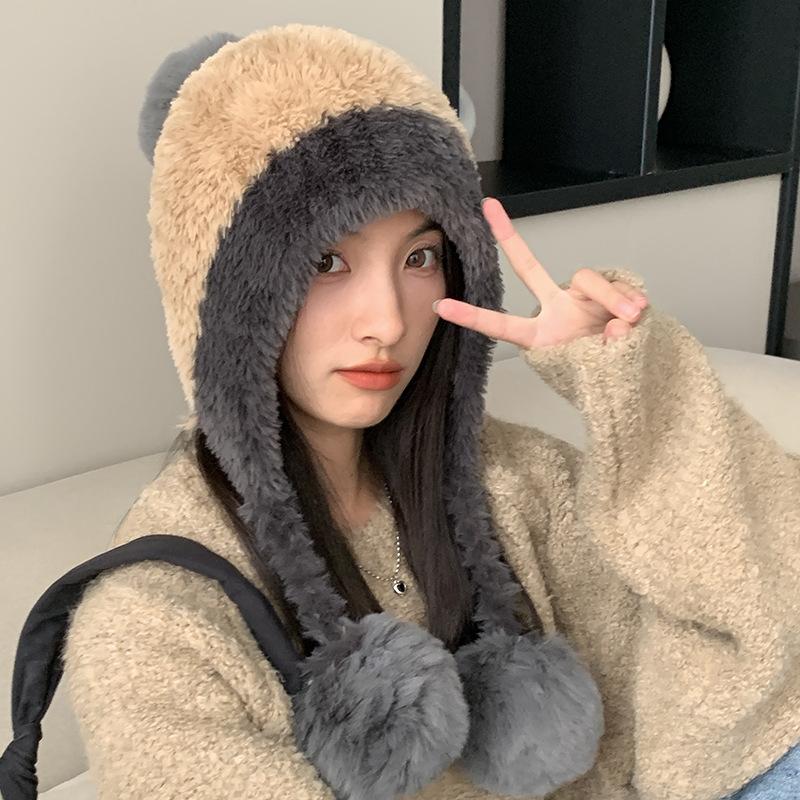 Women's Winter Cold-Resistant Hat Large Head Circumference Plush Pom-Pom Cute Earflap Ear-Covering Fleece-Lined Thickened Color-Block Knitted Hat