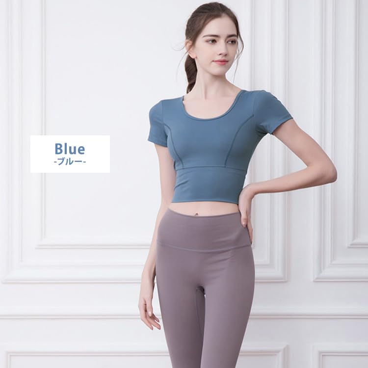 DAYCLOSET Yoga Top with Short yoga151 Women's Cups, Sleeves, Stretch, Lightweight, (L, Blue)