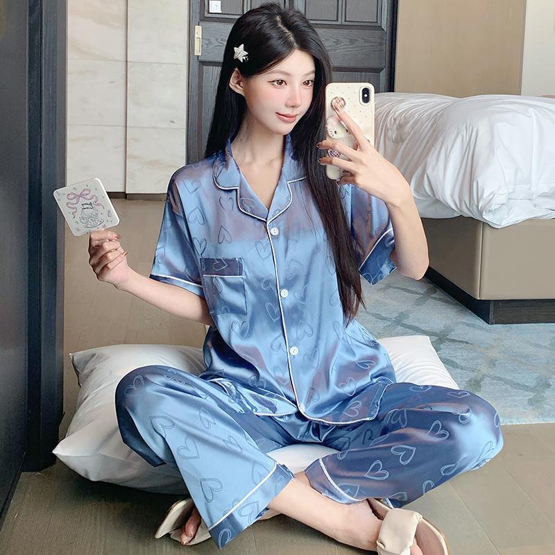 Damen Schlafanzugsets Ruhe Sommer Herbst Pyjama Set Umlegekragen Kunstseide Satin Kurzarm Oberteile und lange Hosen Weiblicher Pijama Hauskleidung