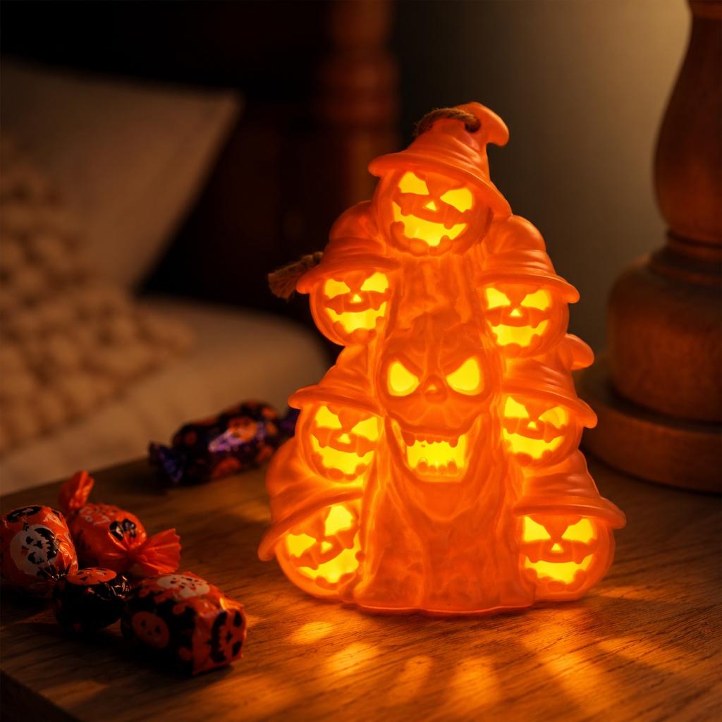 Halloween Ghost Night Light Decorative Figurine with Pumpkin Shape LED Lighting for Holiday Indoor Tabletop Display