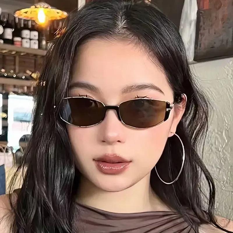 New Modern Retro Tea Narrow Frame Sunglasses Luxury Cat Eye Metal Sunglasses for Women Vintage Men Travel Outdoor Sunglasses