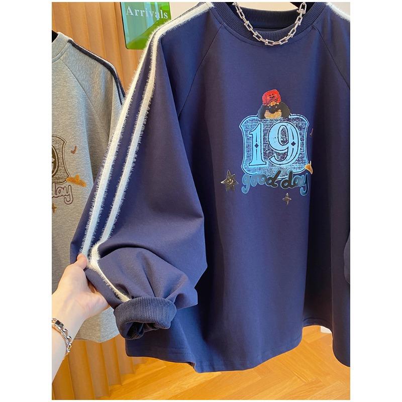 Korean Cartoon Letter Print Loose Large Version Plus Velvet Sweatshirt Women Autumn Sports Long-sleeved T-shirt Trendy