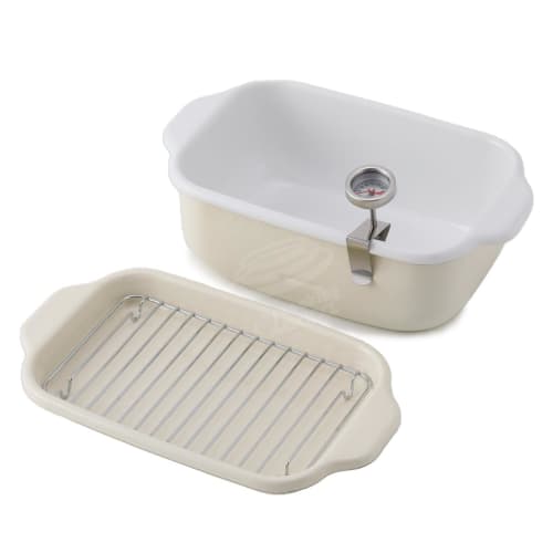 Fuji Enamel Square Tempura Pot, Gas and Induction Compatible, Includes Thermometer, Frying Net, and Tray, 20cm, Vanilla, TP-20K.VA