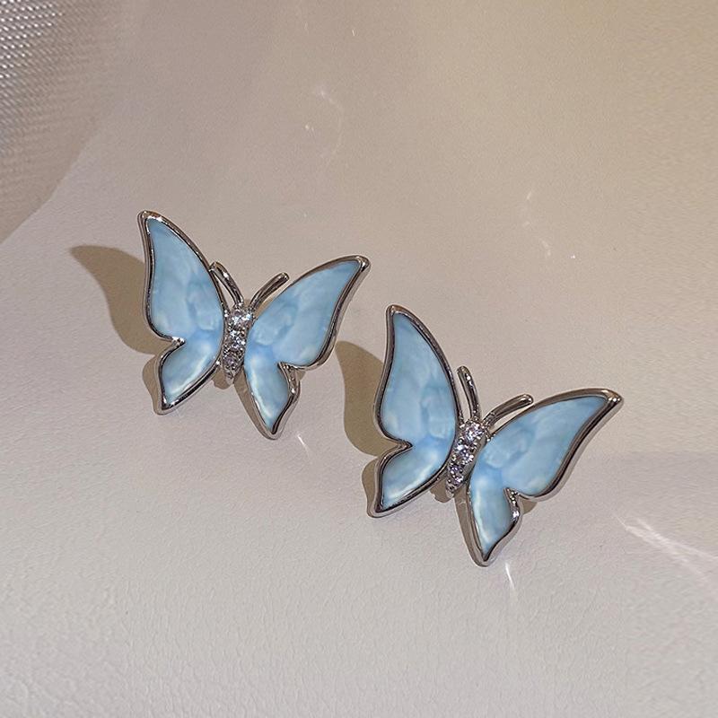 Small and Exquisite Blue Butterfly Stud Earrings for Women's New Popular Temperament Versatile Earrings Niche Design Earrings