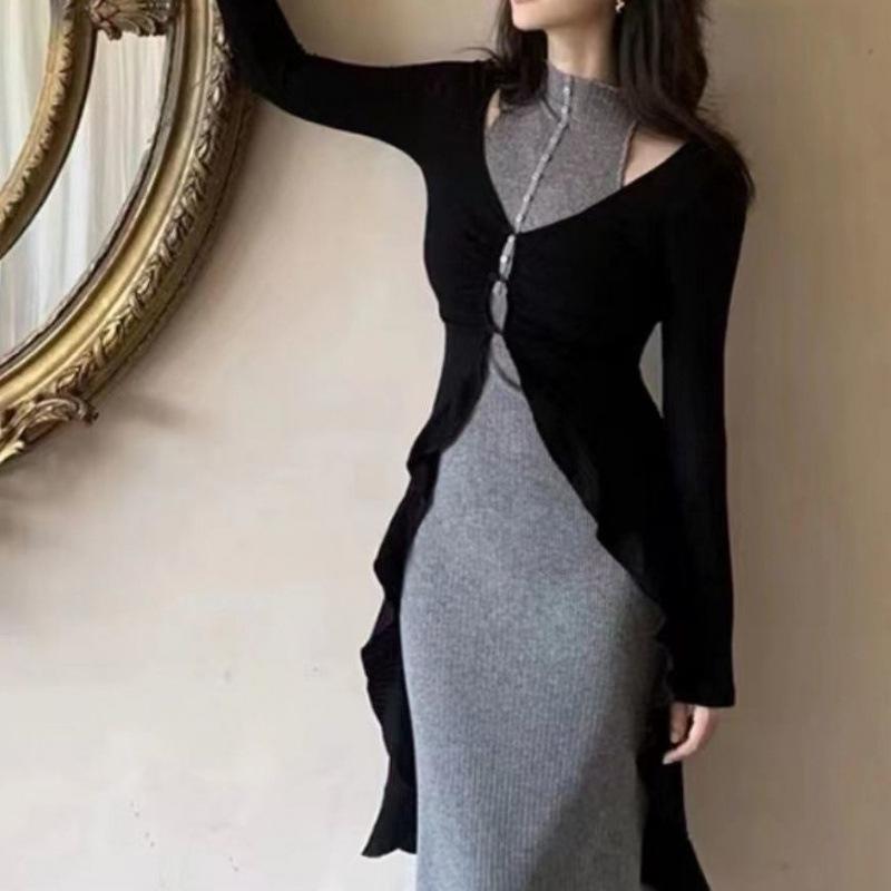 Gray Women's Autumn Two-Piece Set: High-End Cardigan and Bodycon Skirt, Elegant Lightly Mature Style