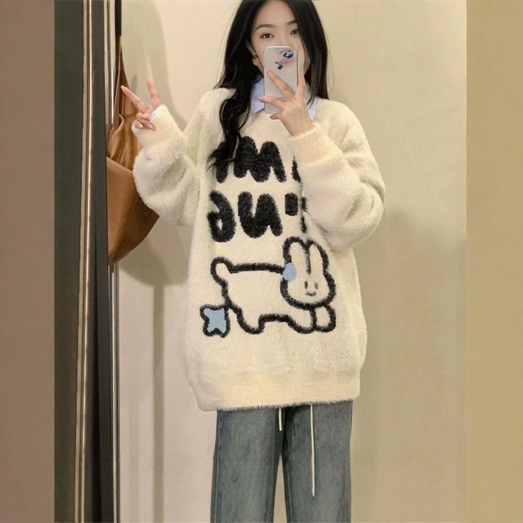 

2024 Cute Rabbit Letter Knit Sweater - Loose Autumn/Winter Couple Style Large белый