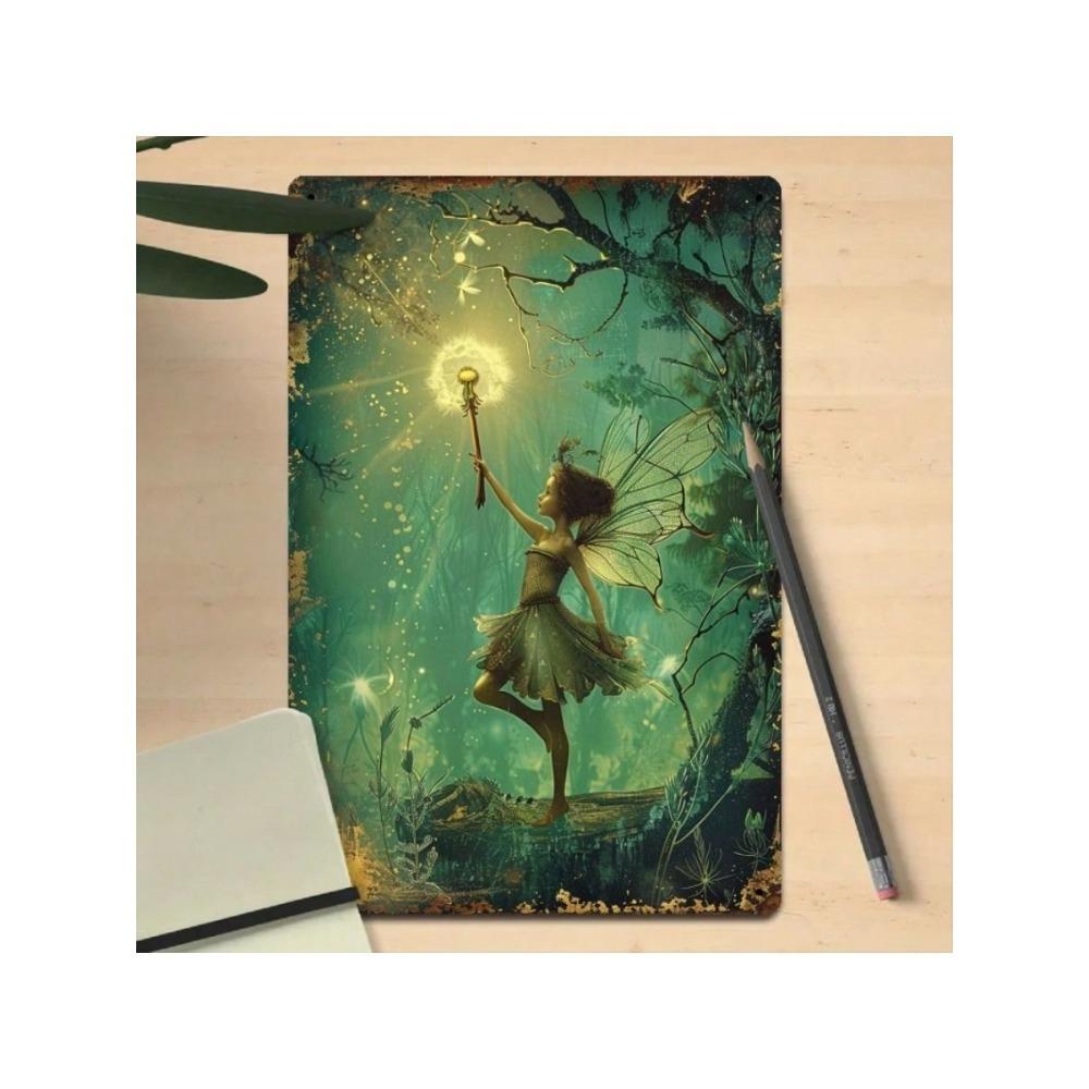 Vintage Fee mit Laterne Wald Metall Wandkunst Retro Gartendekoration Blechschild