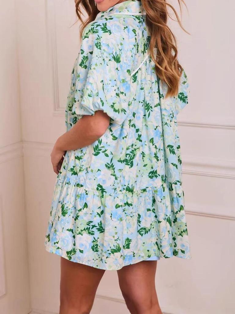 2026 European & American Floral Print V-Neck Short Sleeve Casual Shirt Dress for Women