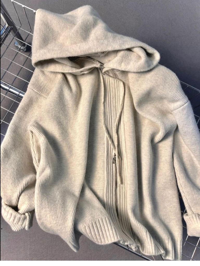 Women's Loose Hooded Knit Cardigan - Thick, Soft Double Zipper Jacket for Spring/Autumn