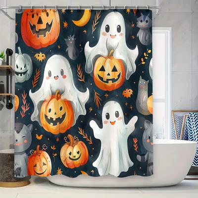 Spooky Halloween Ghosts Pumpkins Bath Shower Curtain Set Blue Floral Print Fabric Home Decor Waterproof Rainfall Curtain for Bat