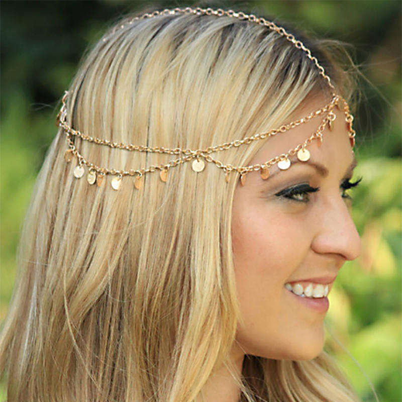 Wave Tassel Chain Headwear Tassel Electroplated Alloy Sequin Round Sheet Multi-layer Wedding Supplies Hair Accessories