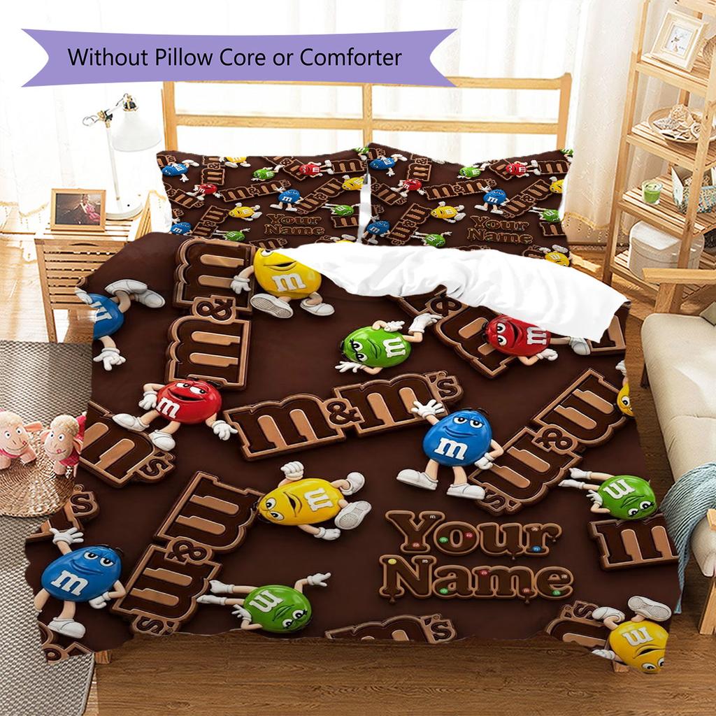 M&M's Bettwäsche mit individuellem Namensmuster, Steppbett-Set, Bettbezug, Kissenbezug, Heim-Geburtstagsgeschenk(1 Bettbezug + 2 Kissenbezüge, ohne Füllung)