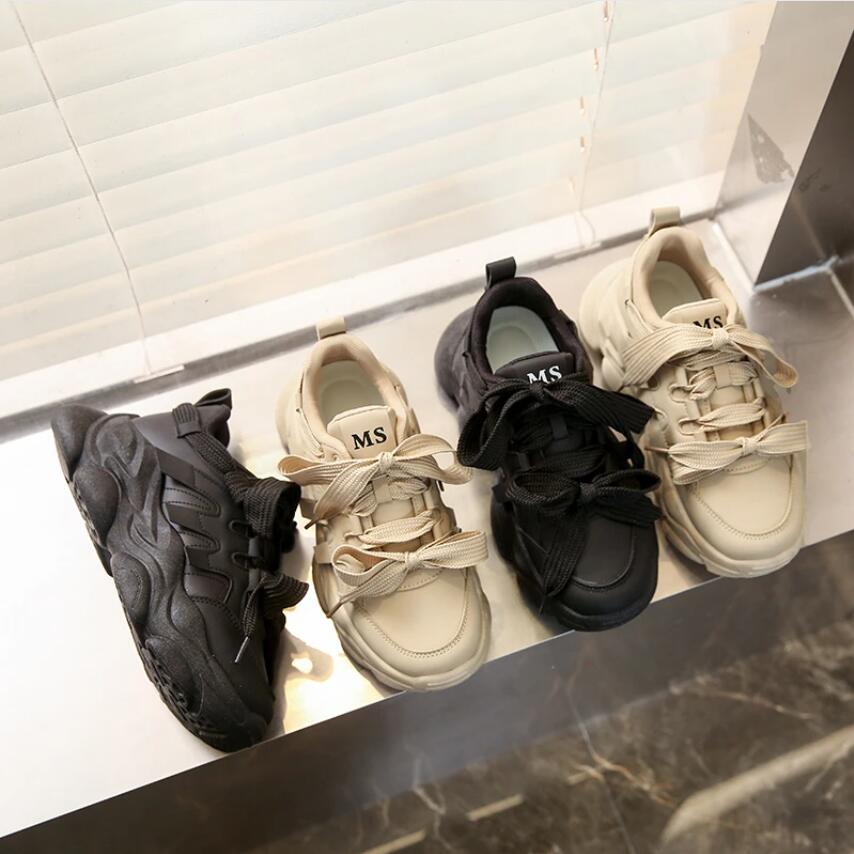 2024 Spring Women Chunky Sneakers White Thick Bottom Falts Increased Round Toe Shoe Trendy Leisure Sports Female Vulcanize Shoes