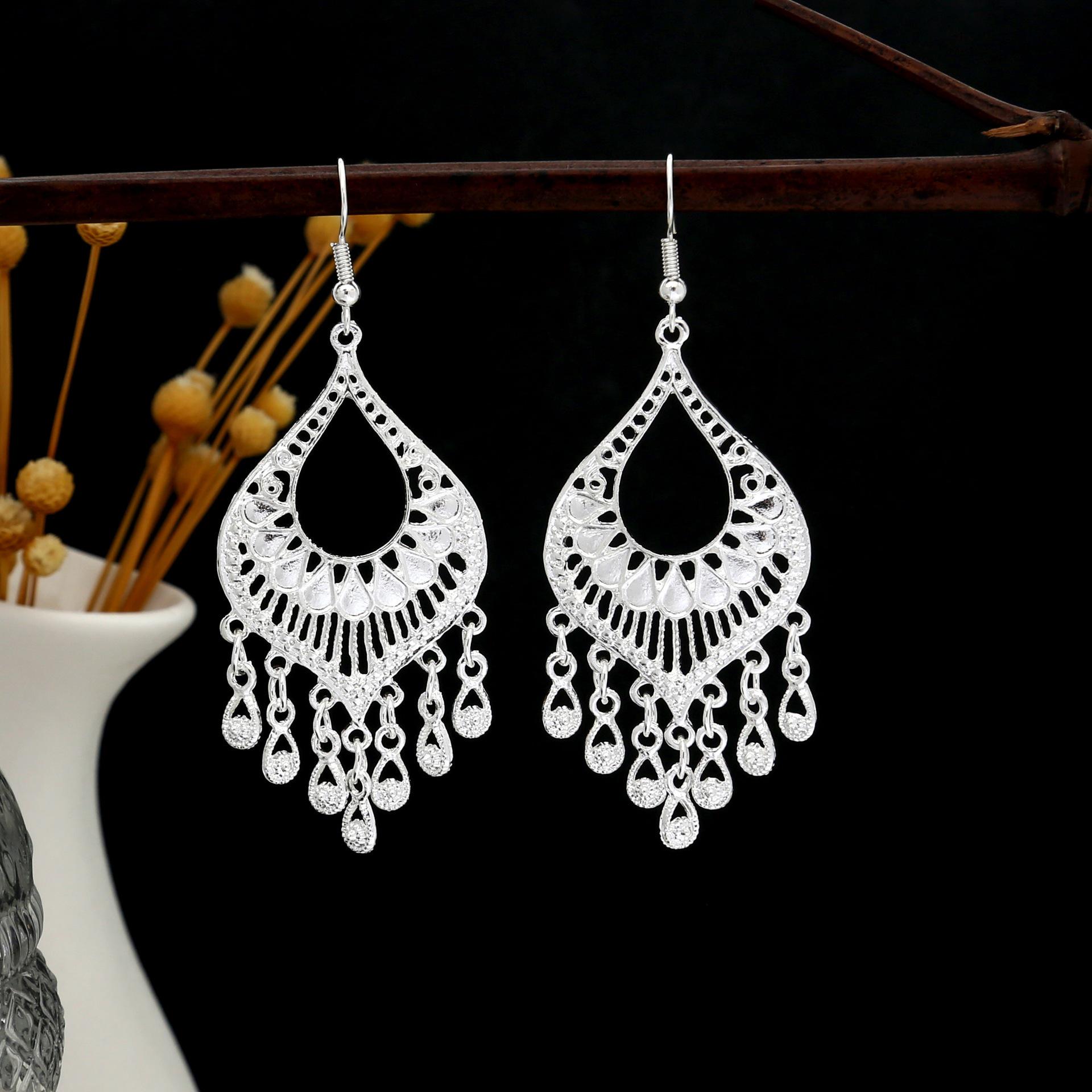 Bohemian Ethnic Rhinestone Tassel Water Drop Dangle Earrings