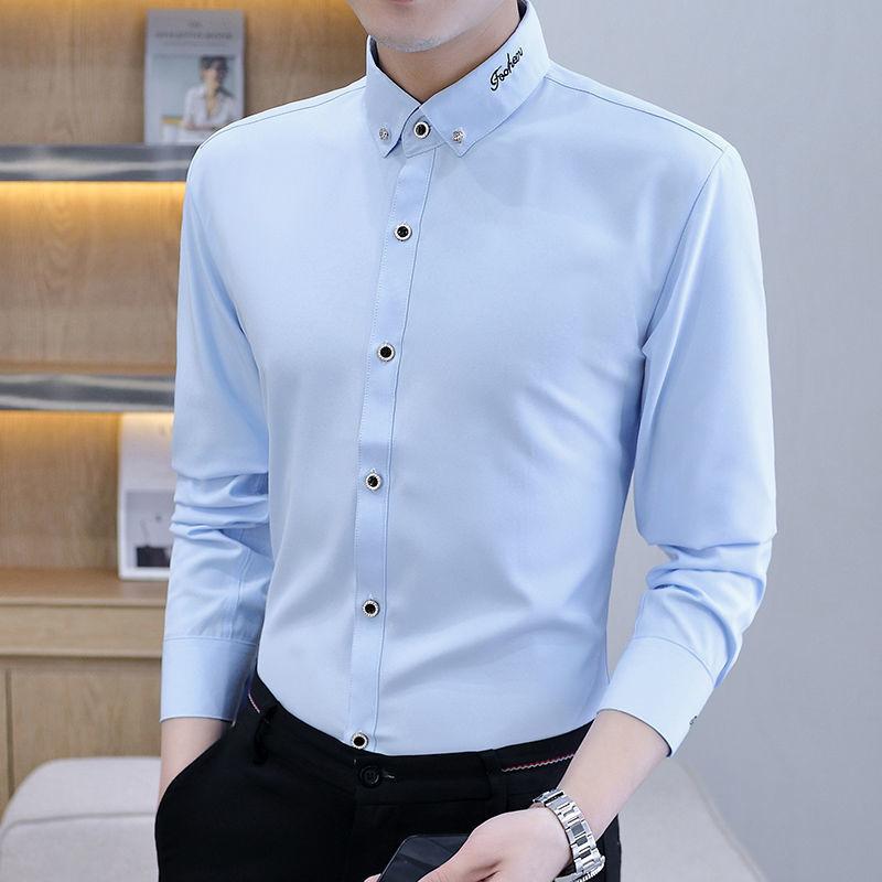 Men's Shirts Collar Five-pointed Star Embroidered Casual Business Dress Shirt Long-sleeved Versatile Men's Bottom Tops