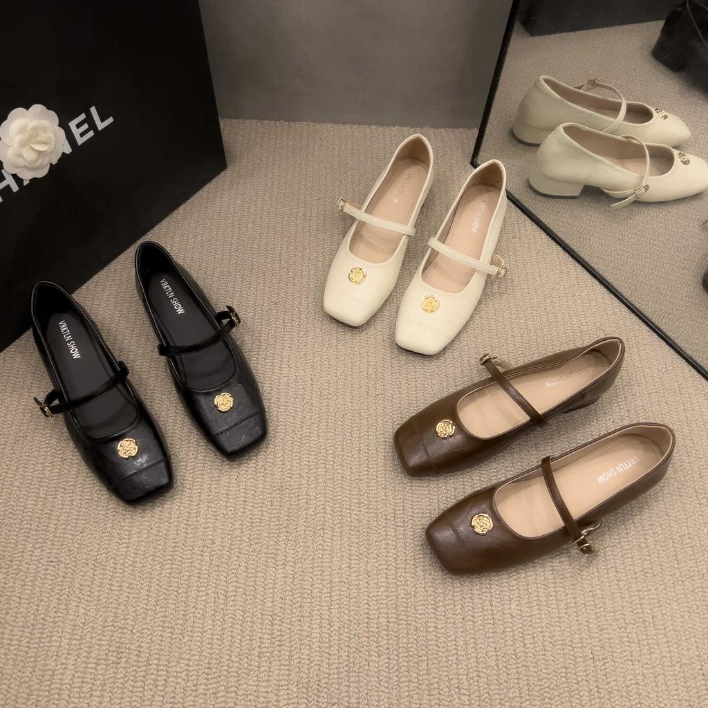 French Maternity Soft Leather Small Fragrant Square Head Female 2025 Autumn Model One-word Buckle Light Mouth Thick Heel Commuting Single Shoes Female