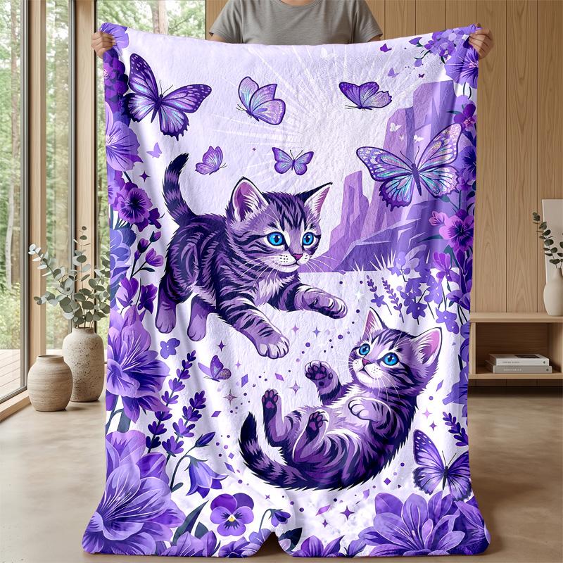 Purple Cats and Butterflies Theme blanket Lightweight Warm Flannel Blanket Decorative Throw Blanket for Home Decoration