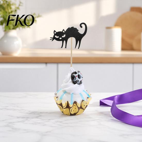 Cake Topper 8 Pcs Cat Cupcake Topper, Halloween Black Cute Kitten Food Pick for Baby Shower Birthday Wedding Party Decoration Creamy Desserts