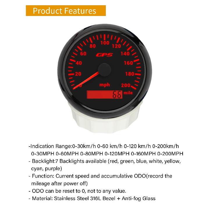 ELING 85mm (3 3/8'') Speedometer GPS 30 60 120 200 Km/h MPH 80 160 MPH Odometer with 7 Colors Backlight for Motorcycle Yacht