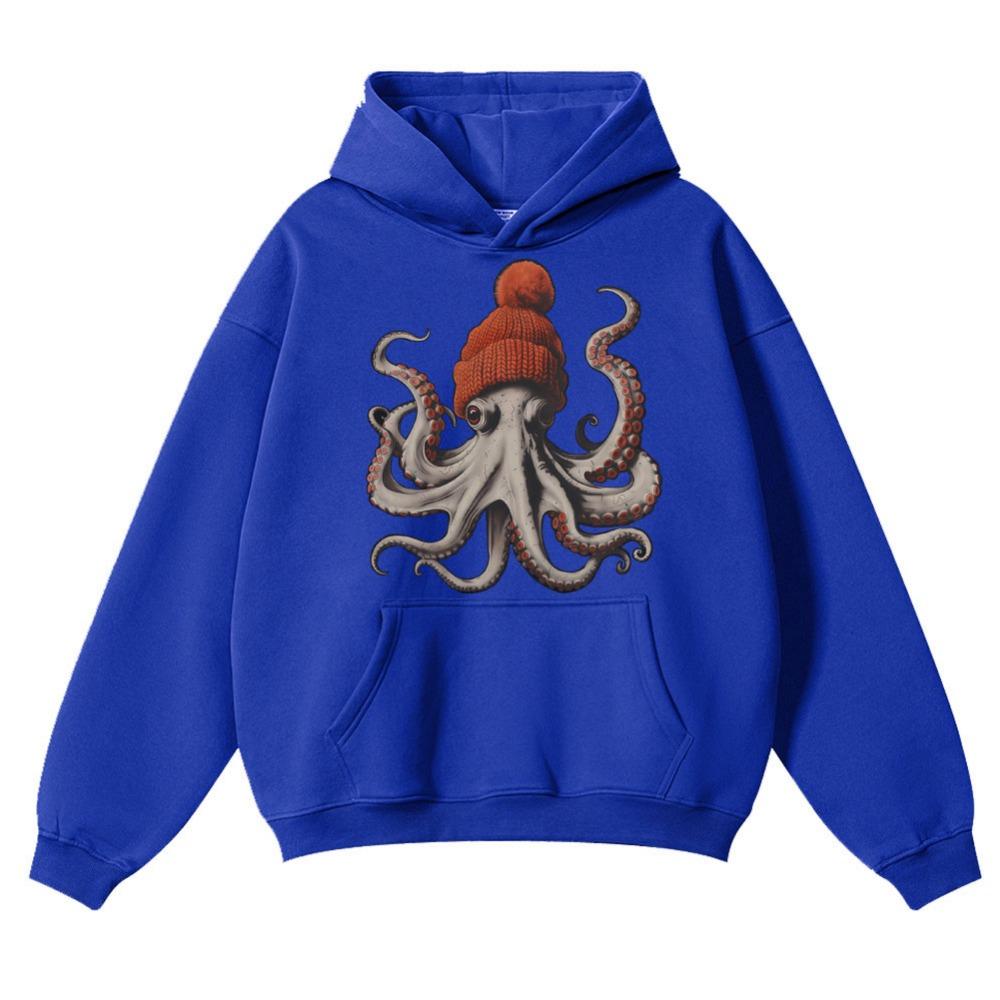 Bere Takmış Komik Ahtapot Grafik Kapüşonlu Sweatshirt Erkek Kadın Moda 90lar Vintage Uzun Kollu Oversize Polar Sweatshirt