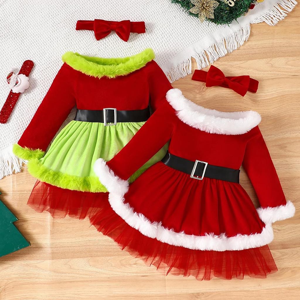 VNGOLERRY Santa Dress with Christmas Santa Claus Perfect for and Sizes and 110 Children's Headband, 2-Piece Set, Outfit, Fur-Covered, Girls' Dress,