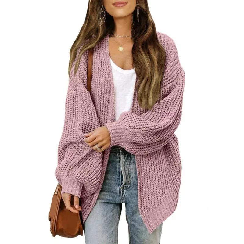 Chic Autumn Idle Style V-Neck Knitted Cardigan Women Sweater Jacket Versatile Loose Fit Casual Solid Color Lantern Sleeve Pullovers