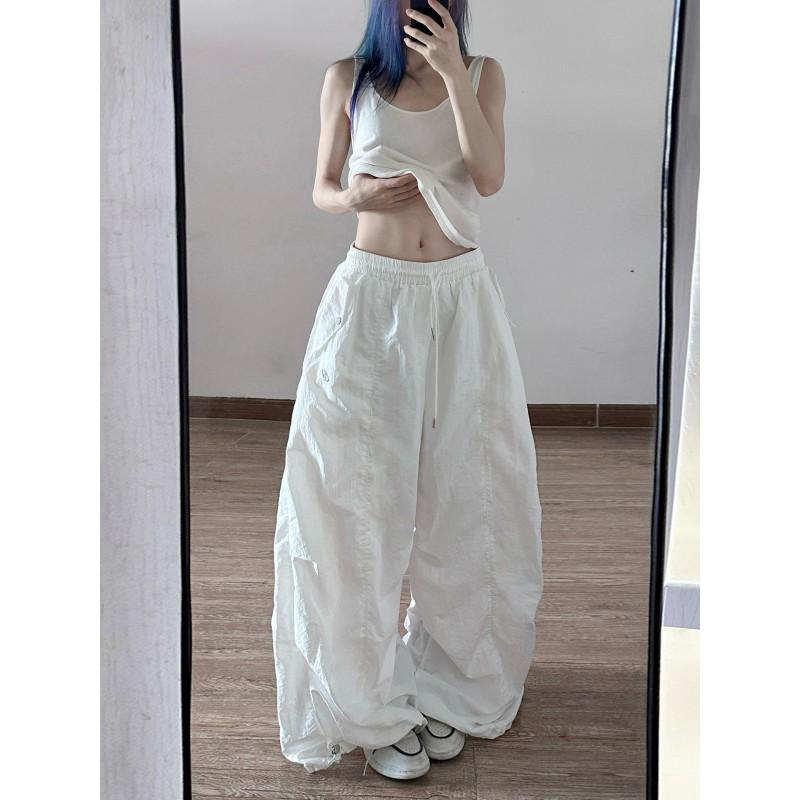 Womens White Loose Fit Cargo Pants Thin Quick Dry Nylon Streetwear Joggers Jazz Dance