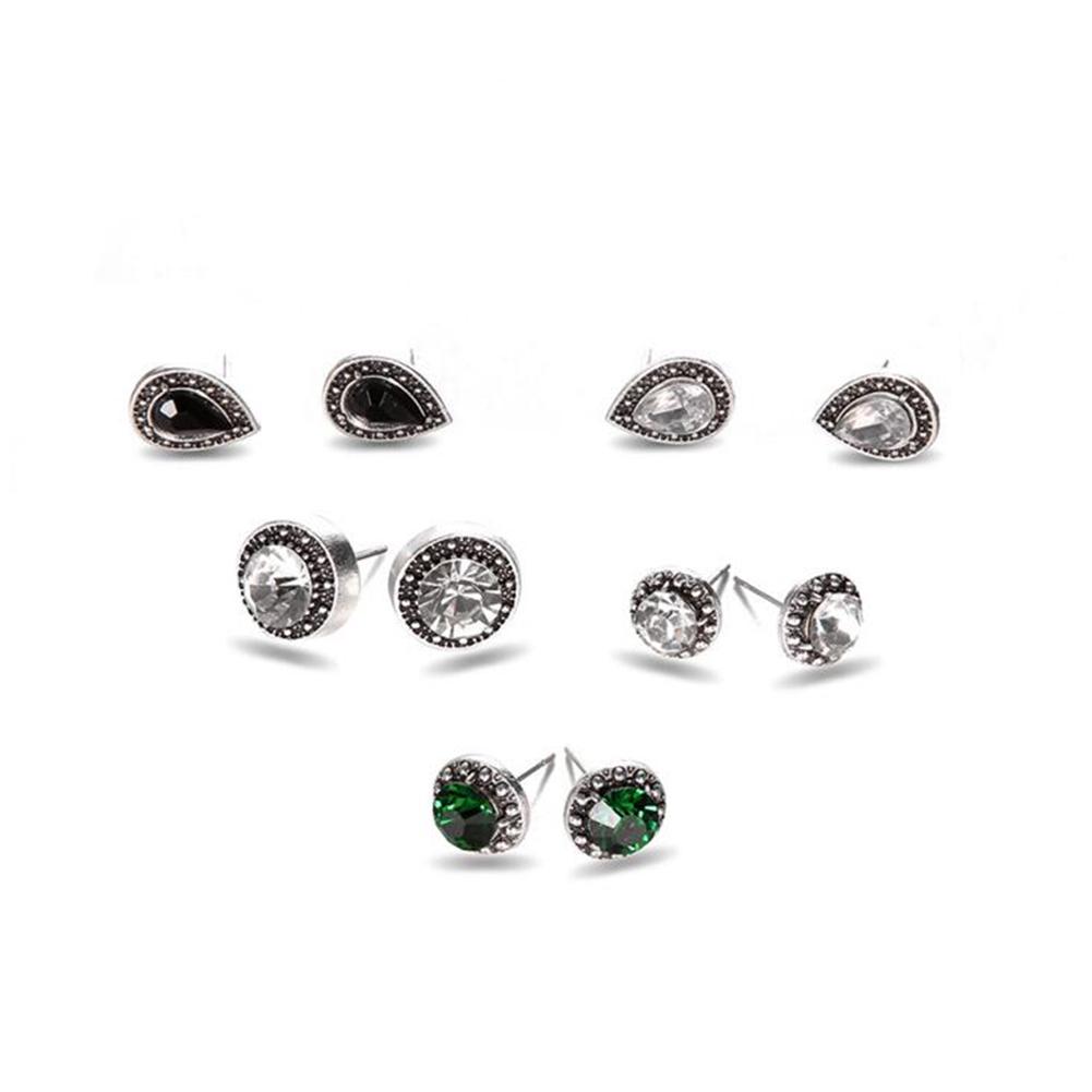 5 Pairs Retro Bohemia Style Earring Set Shimmer Crystal Ear Studs