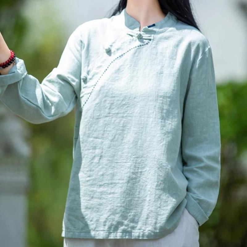 Umělecká retro košile z bavlny a lnu s dlouhým rukávem na jaro a léto Dámské podzimní Volný střih Stojáček Šikmý límec Tlačítko Top