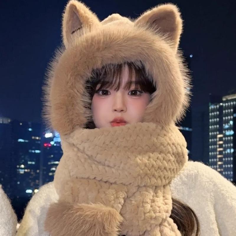 Fuchsöhrchen Plüschmütze Schal integriert Damen Herbst und Winter neu niedliche Handschuhe warm dreiteiliges Set